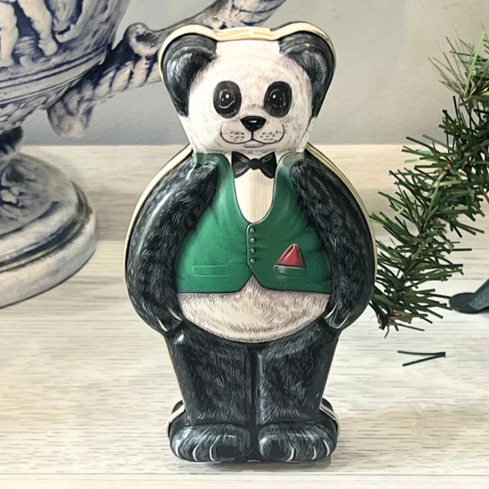 Vintage 1994 Dept 56 Panda Bear Candy Tin Silver Crane Designs Made in England